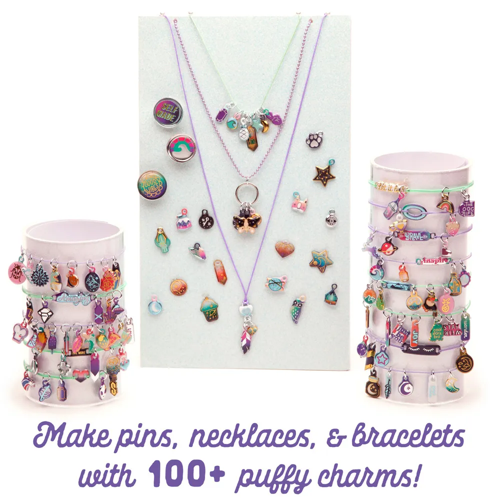 make pins, necklaces, and bracelets with 100+ puffy charms - displays of finished jewelry with charms