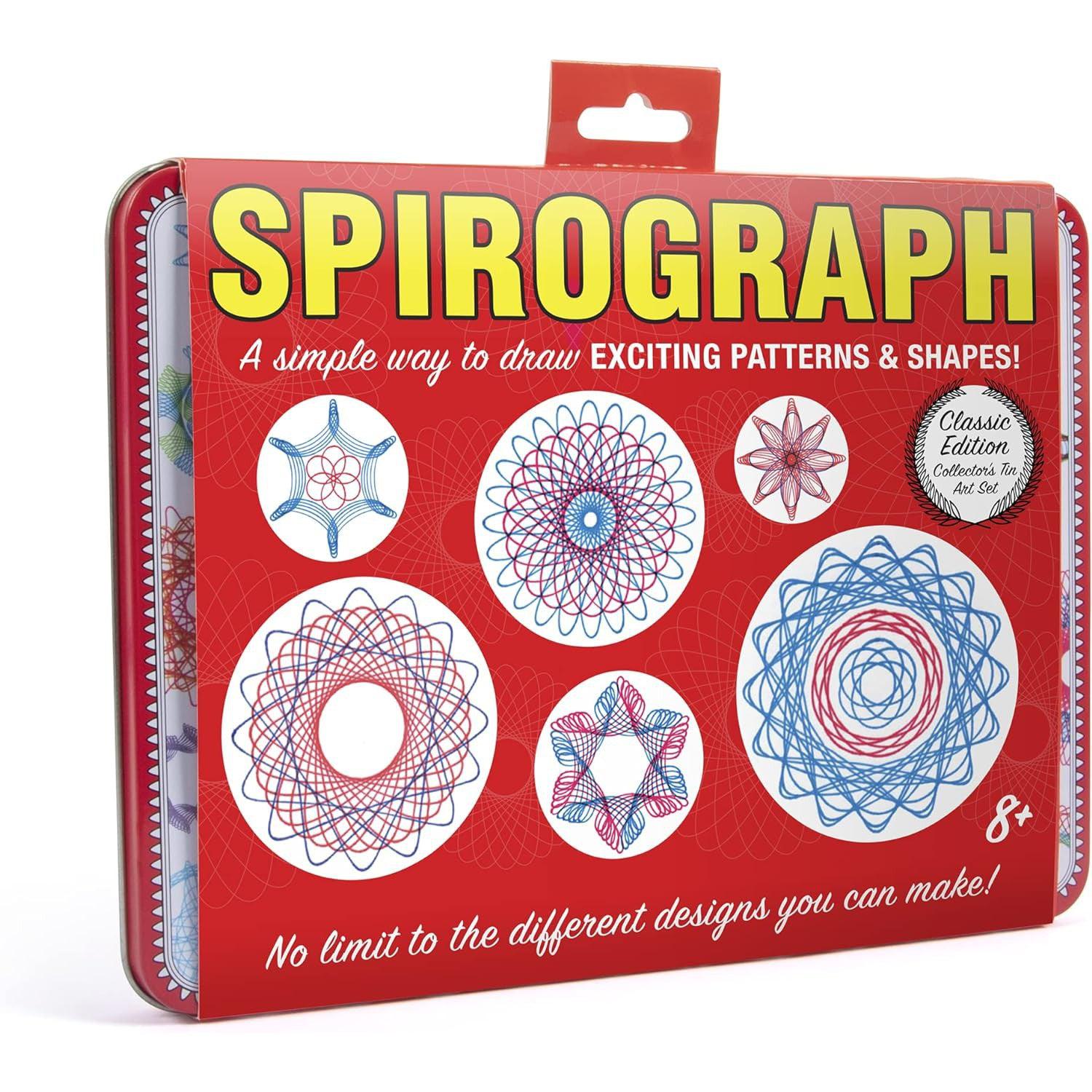 Front of Spirograph package showing sample patterns and shapes