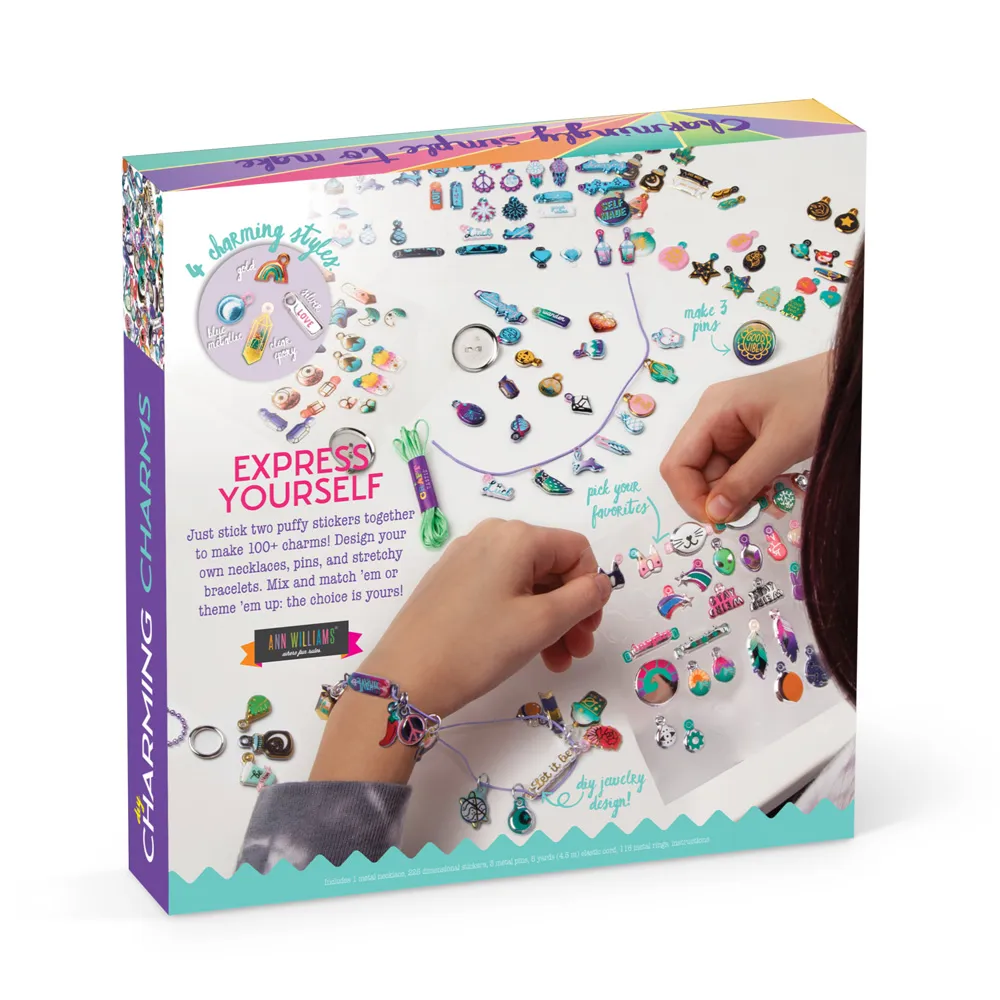back of box showing a girl handling charms with charms on her wrist and charms scattered on the table