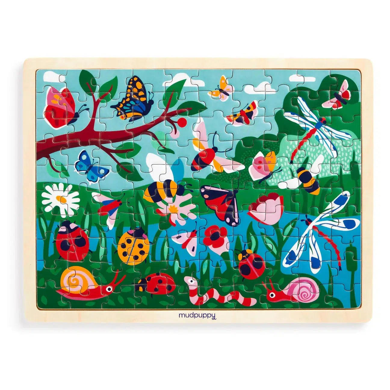 Front view of the completed garden life puzzle in the wooden tray.