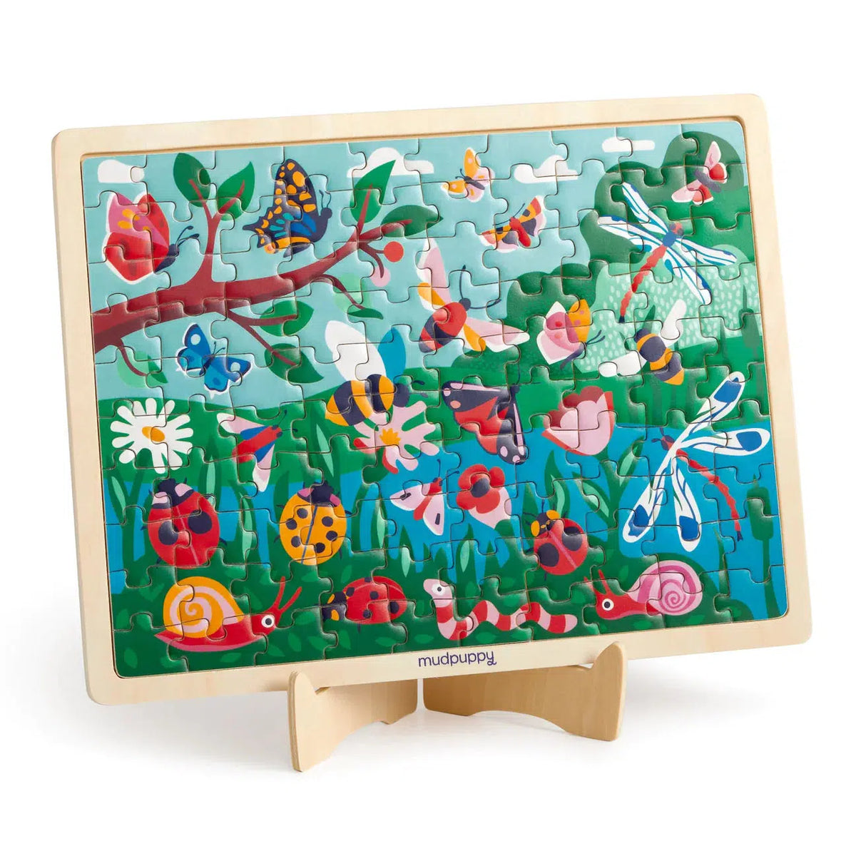 Front view of the completed garden life puzzle being displayed in the stand.