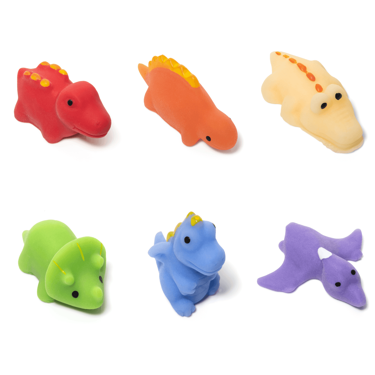 Front view of one of each assorted style of dinosaur mochi squishys against a white background.
