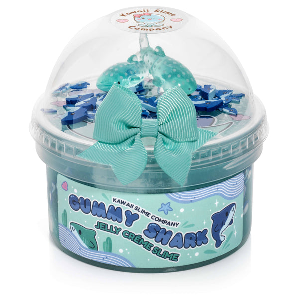 Front view of the shark slime in the container.