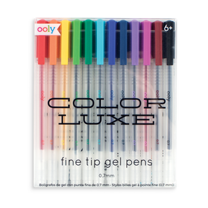 Front view of color luxe gel pens in packaging.