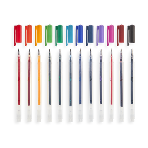 Front view of color luxe gel pens lined up with caps off and  placed above the pen