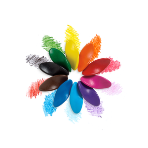 Front view of left right ergonomic crayons in flower pattern with color marks showing each color