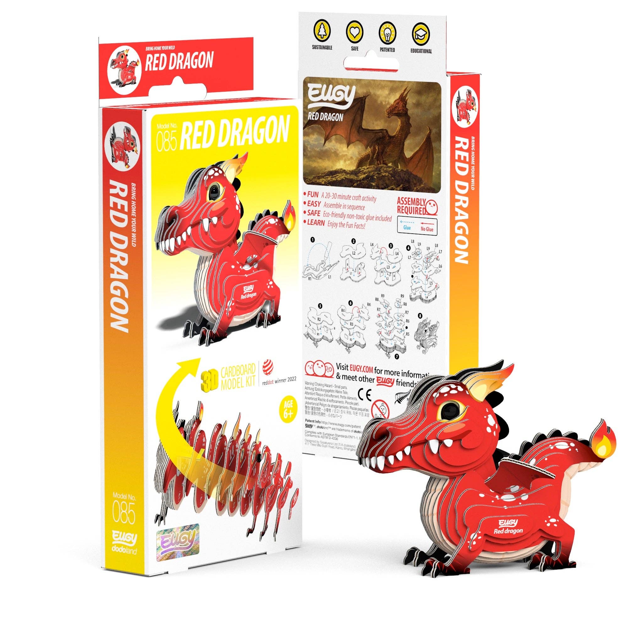 Two packages of the Red Dragon puzzle next to eachother, one box is diplaying the front of the packaging. The other box is displaying the back of the packaging. A finished model is sitting infront of the two boxes.