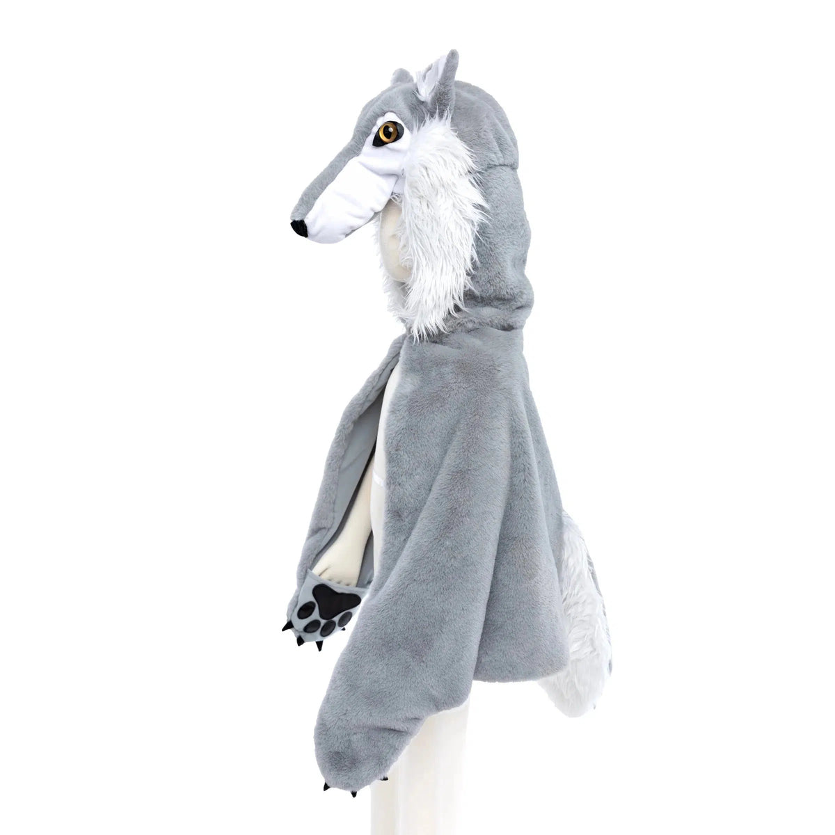 Side view of wolf cape on a mannequin.