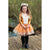 Girl standing on a bridge, wearing orange, white, and copper dress, and flowered fox headpiece.