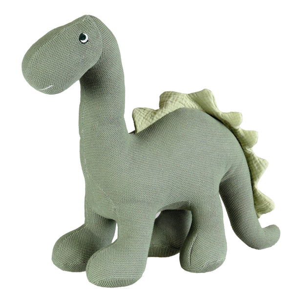 Side view of victor the dinosaur against a white background.