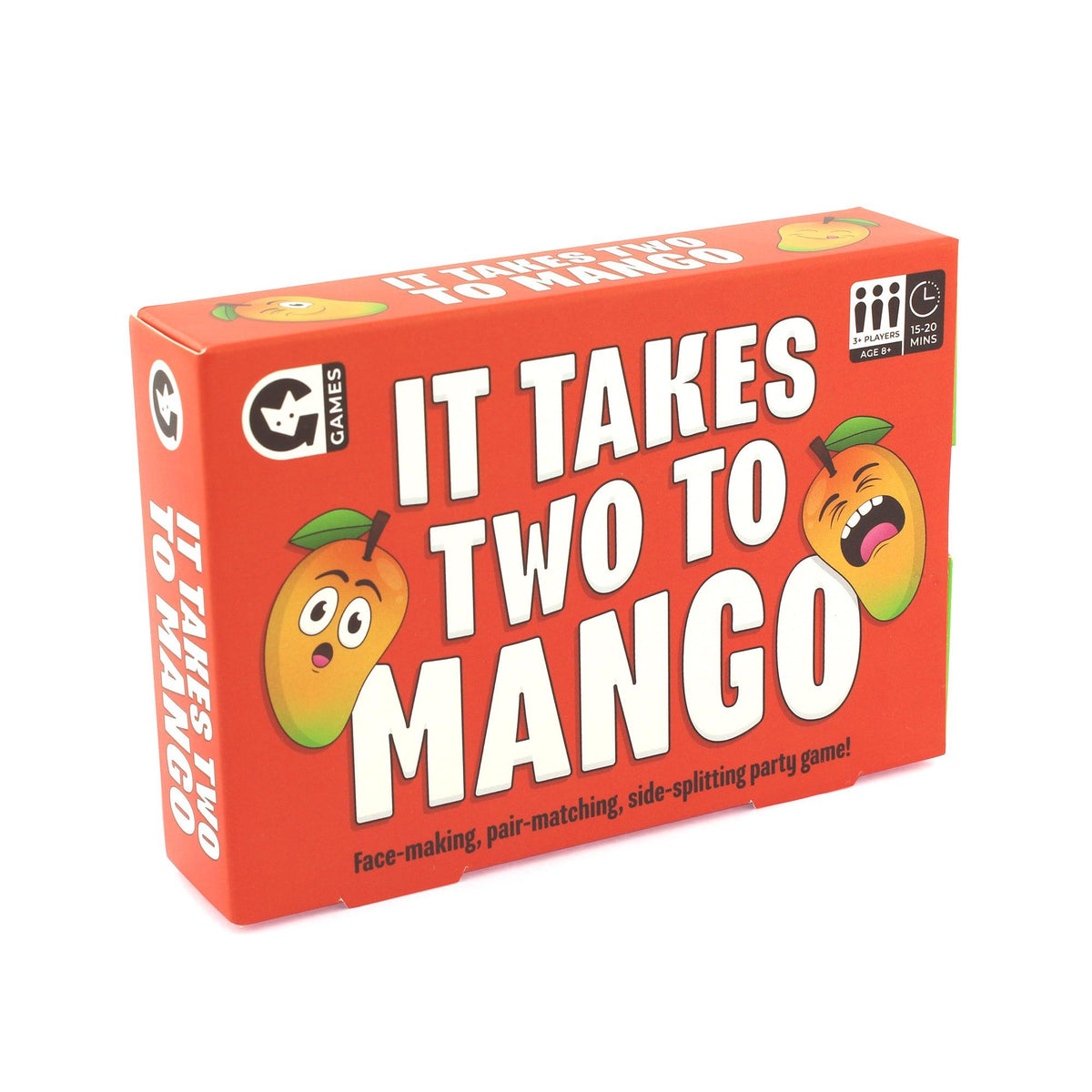 Front view of the it takes two to mango game in the box.