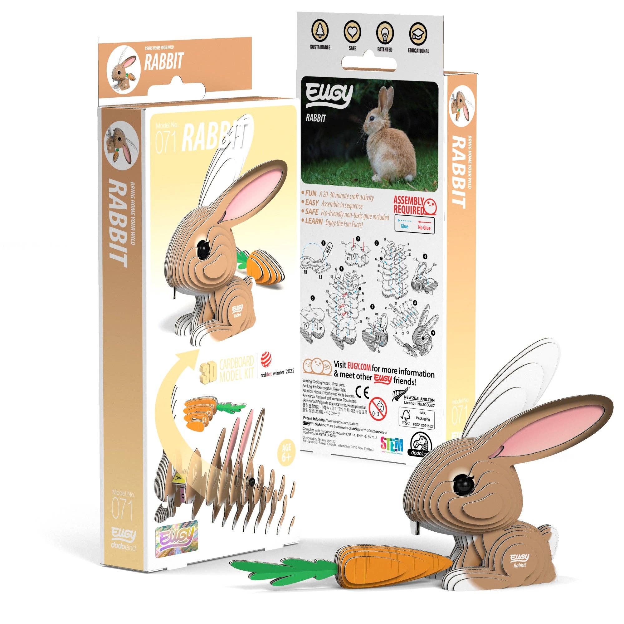 Two packages of the Rabbit puzzle next to eachother, one box is diplaying the front of the packaging. The other box is displaying the back of the packaging. A finished model is sitting infront of the two boxes.