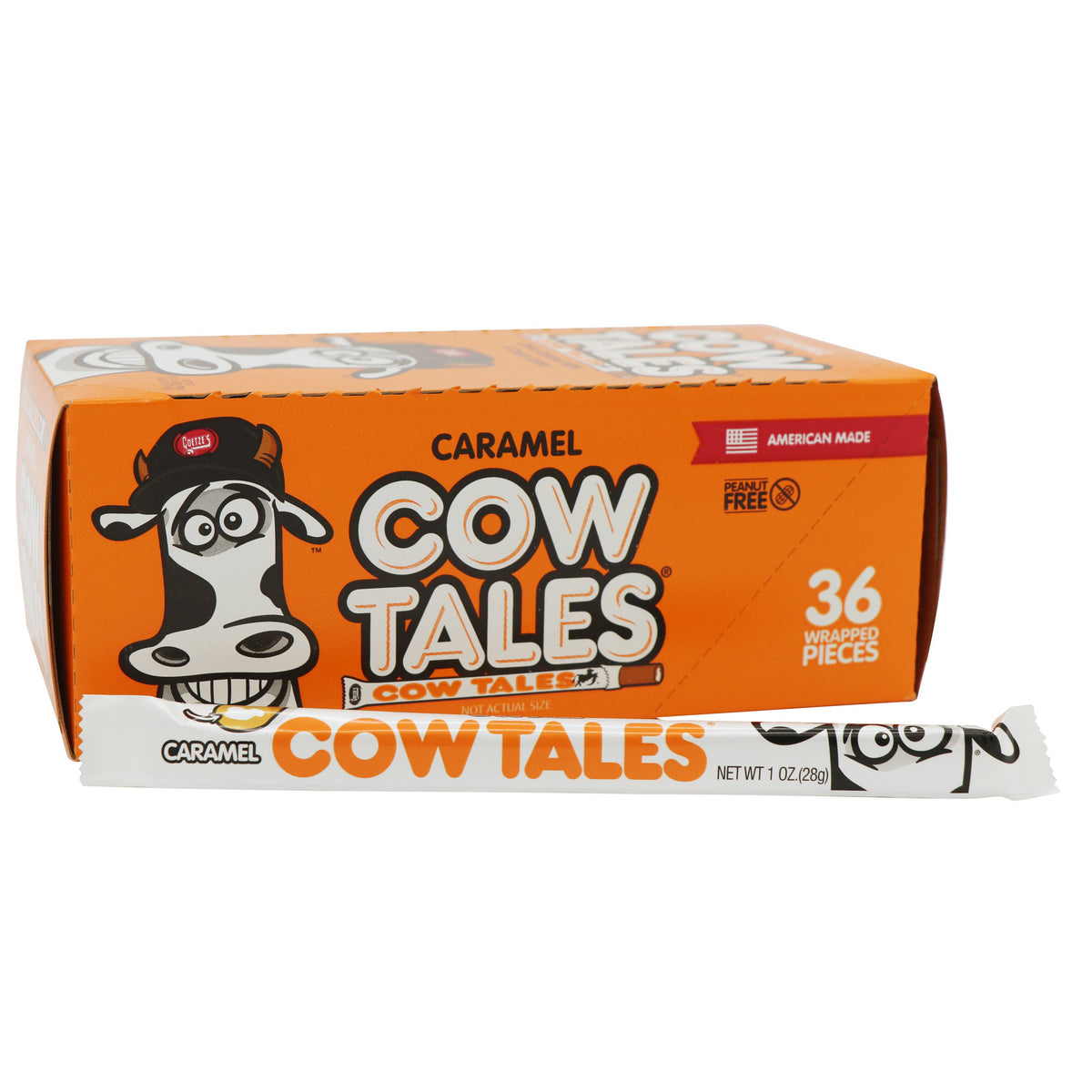 Front view of a case of Cow Tale candy.