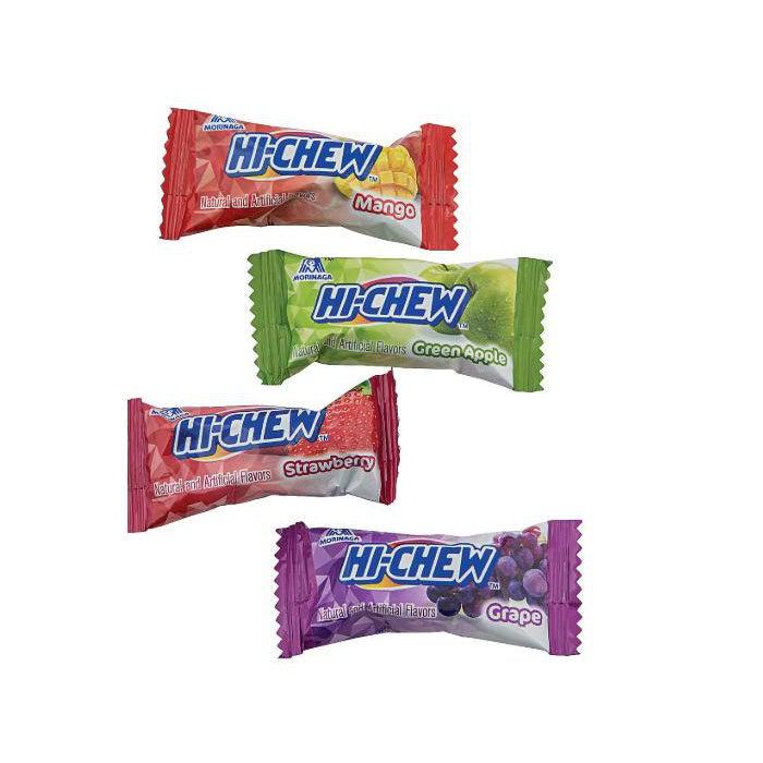 Front view of Hi-CHEW&#39;s with a variety of flavors including grape, green apple, mango, and strawberry in packaging.