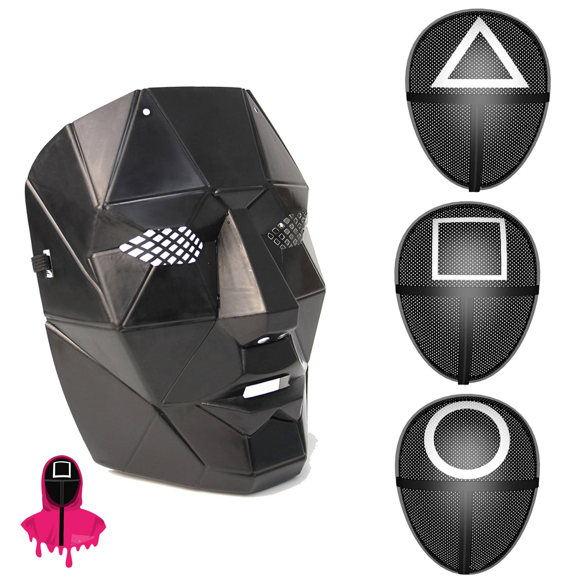 Black structured face mask with mesh over eyes. There are three options of mesh face masks that come in the set