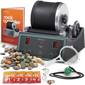 Front view of the contents of the Advanced Rock Tumbler kit.