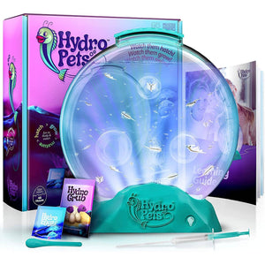 Front view of the Hydropets Live Sea Pets Habitat Kit , Light Up Tank in its box and one outside of the box with contents of kit.