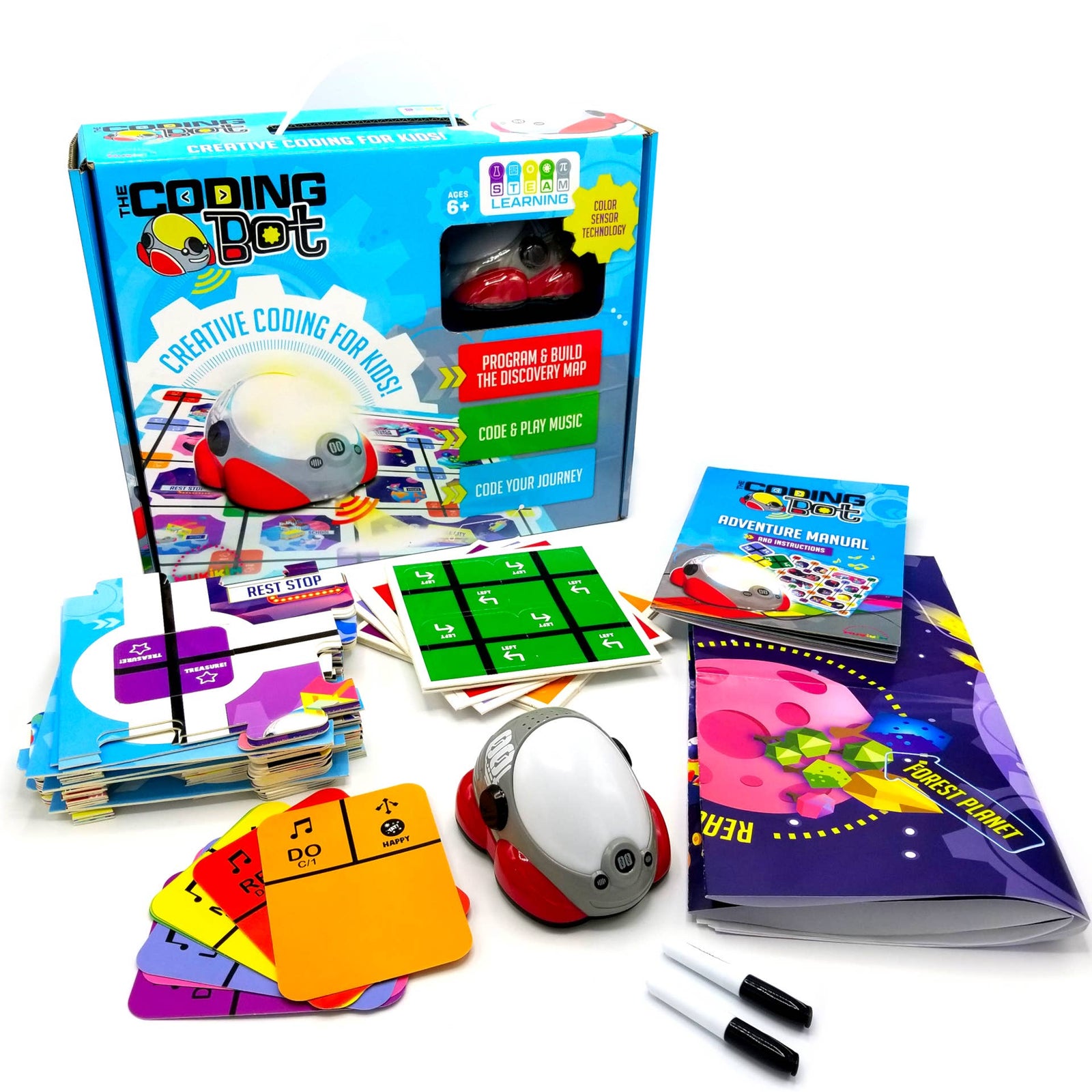 Front view of The Coding Bot - STEM Educational Coding Toy Robot For Kids box and contents shown laid out.