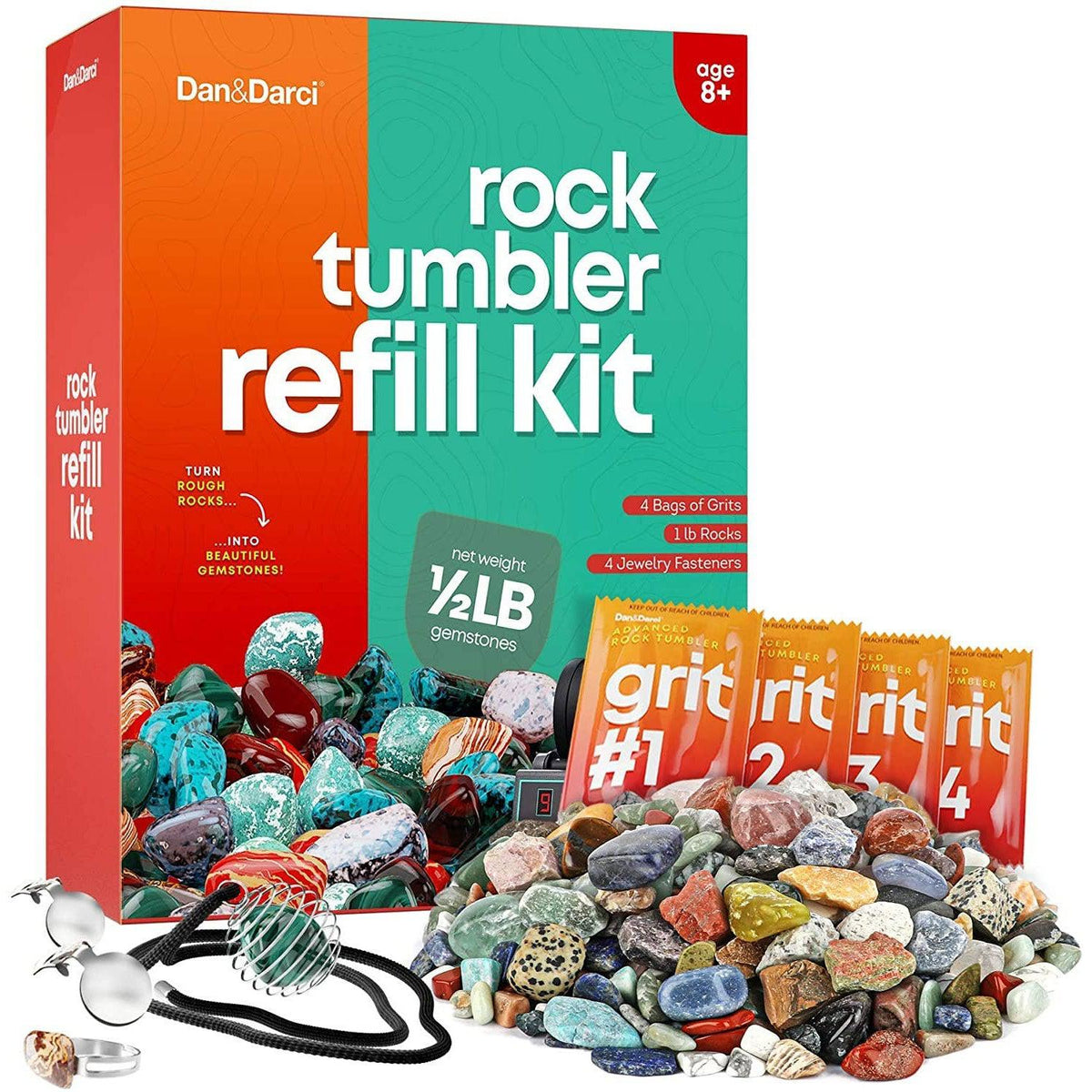 Front view of the Rock Tumbler Refill Kit&#39;s box with contents of kit outside of box.