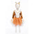 Mannequin front view wearing orange, white, and copper dress, and flowered fox headpiece.