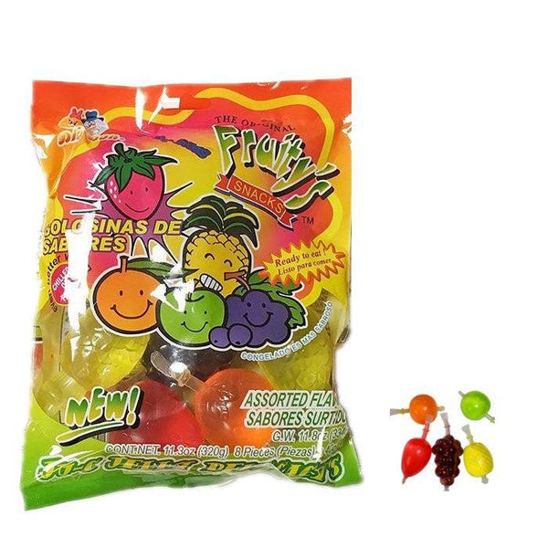 Front view of a bag of JU-C Jelly Bites, with one of each flavor in the bottom right corner.
