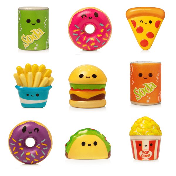 Front view of one of each fast food squishy in the assortment, all against a white background.