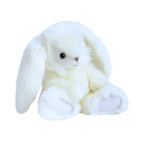 Front view of white dapper rabbit sitting with white background.