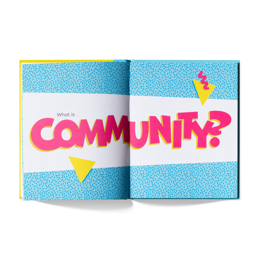 A front view of inside a kids book about community various pages.