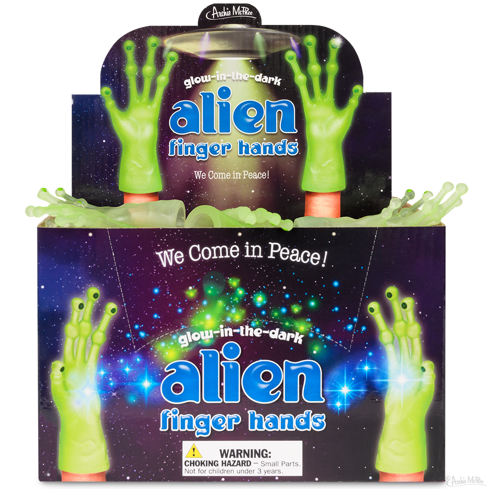 Front view of a display box of Alien Finger Hands.