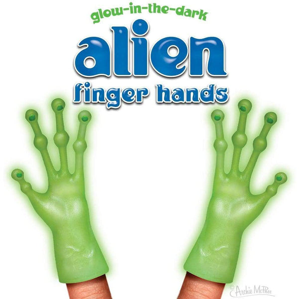 Front view of two fingers with Alien Finger Hands on them and  text stating they are glow-in-the-dark and alien finger hands.