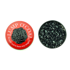 Front view of Lump of Coal with lid on left side and the bottom of the tin full of gum on the other side.