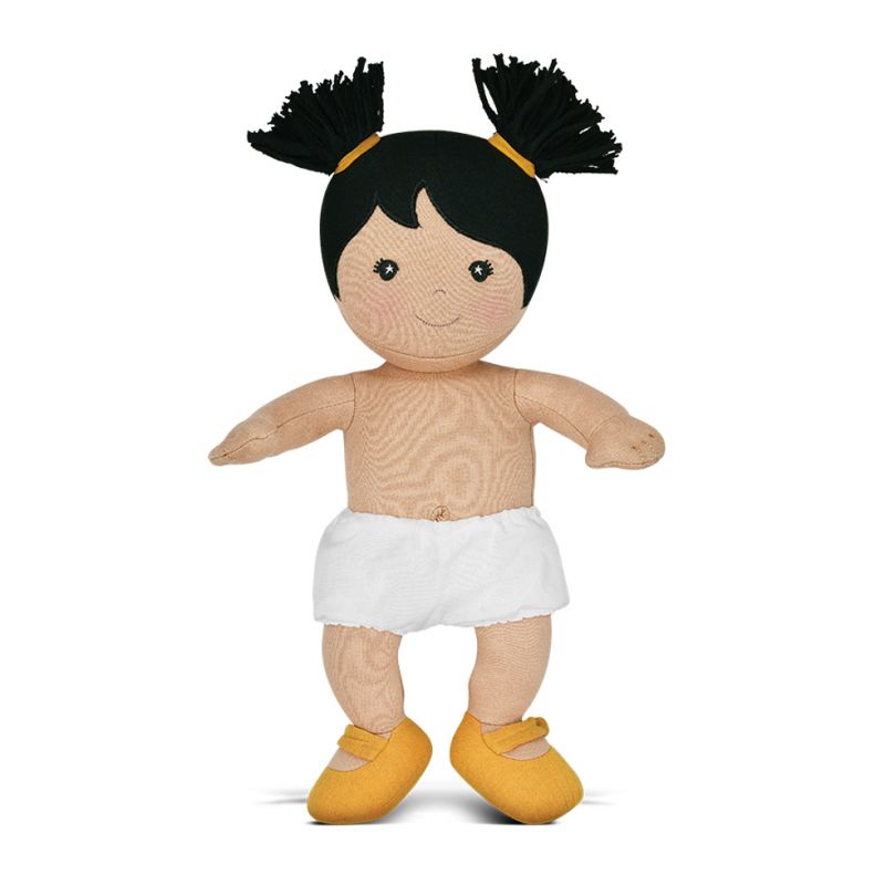 Front view of organic doll Gwen standing on a white background with her underwear and shoes only.