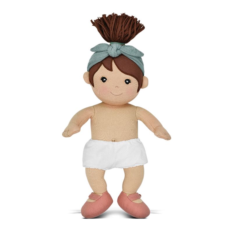 Front view of organic doll Paloma standing with her headband, underwear, and shoes only on a white background.