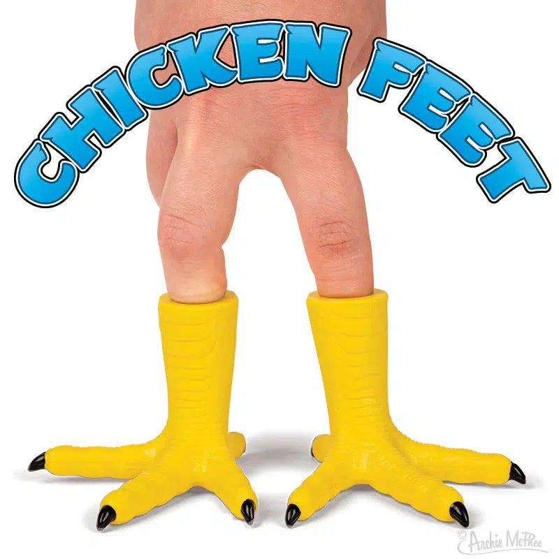 Front view of a person&#39;s hand with the Chicken Feet Finger Puppet on two fingers and letter above it that say Chicken Feet.