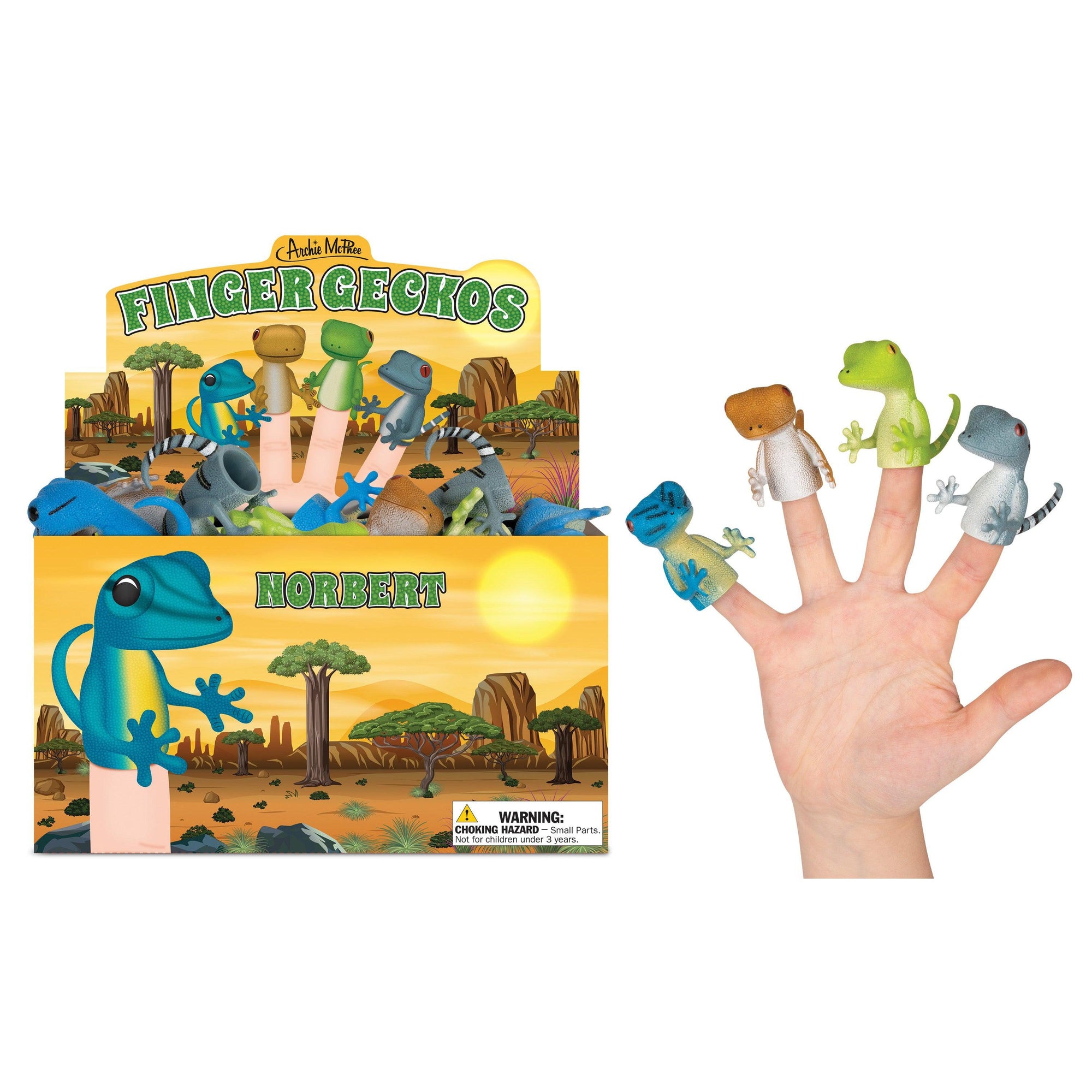 Front view of a display box full of finger puppets. A hand is to the right of the box with 4 different finger geckos on each finger.