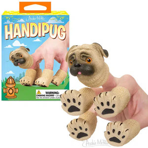 Front view of the Handipug in its box alongside the Handing on a person's hand.