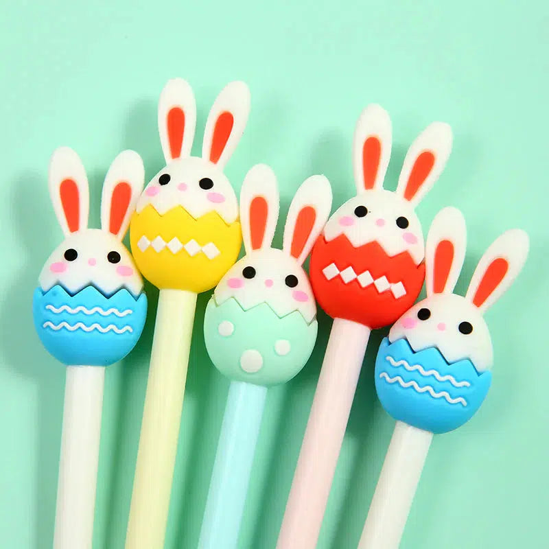 Front view of all 4 colors including blue, yellow, mint green, and red that the Bunny Egg Gel Pen&#39;s come in.