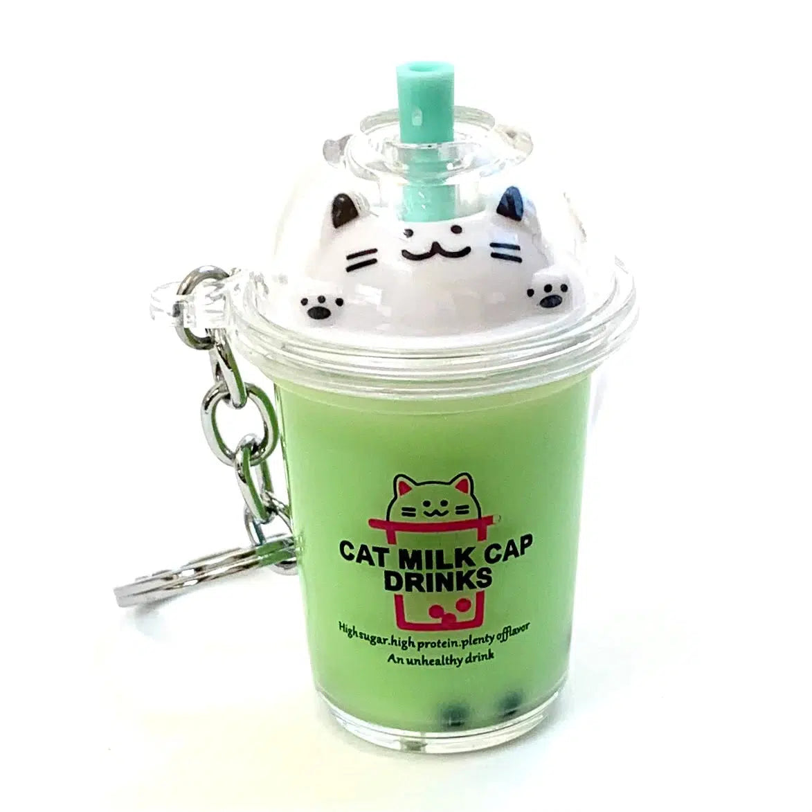 Front view of green liquid boba cat standing up.