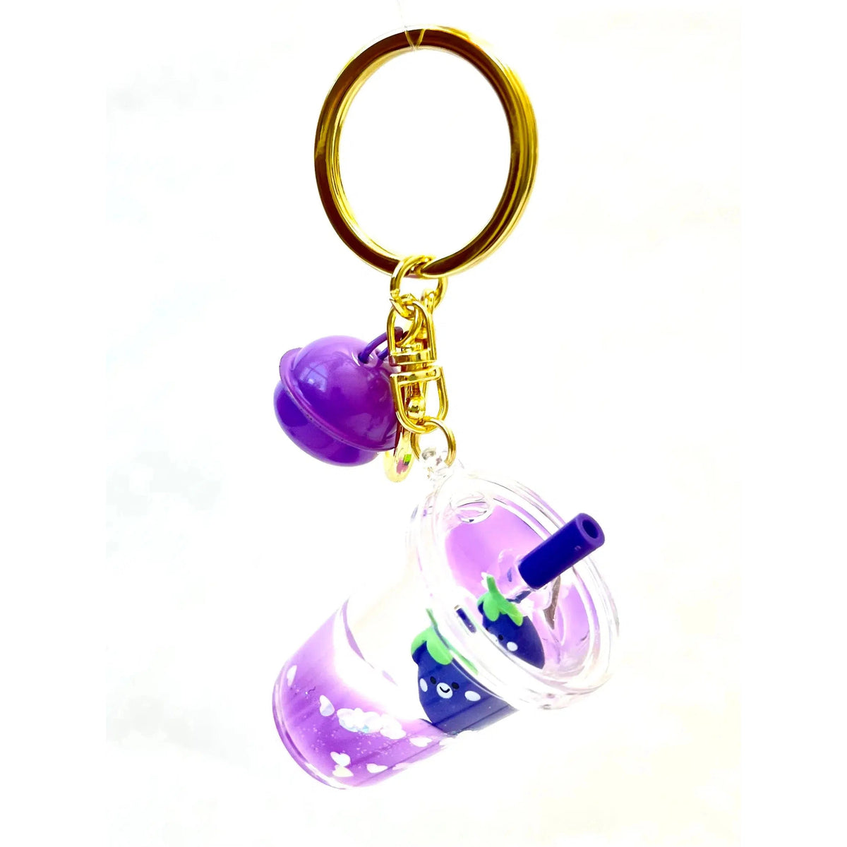 Front view of the cup with straw Eggplant Floaty Key Charm showing the bell at the top of the keychain.