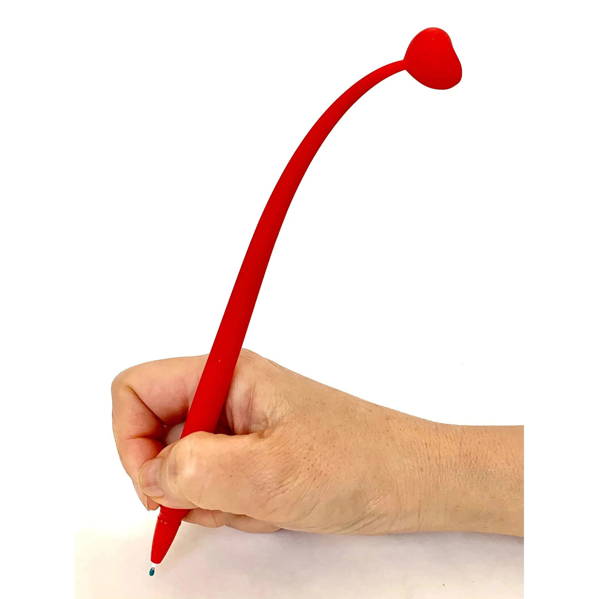 Front view of a person&#39;s hand writing with the red Heart Wiggle Gel Pen.