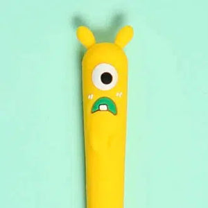 Front view of yellow one-eyed monster gel pen.