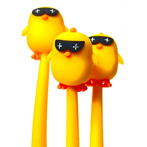 Front view of three chicks wearing their shades from the Cute Chicks Wiggle Pens.