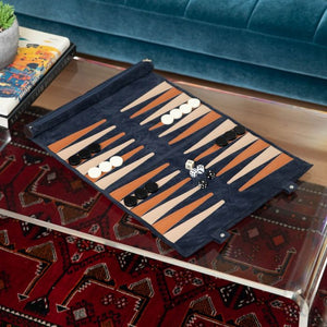 Front view of the Navy Travel Backgammon Set open and showing all of the pieces and dice.