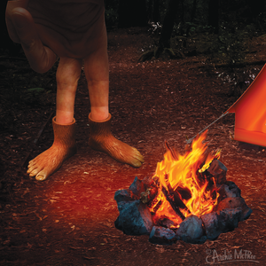 Front view of a hand with 2 fingers inside of a left and right Bigfoot finger puppet by a fire with a red tent.