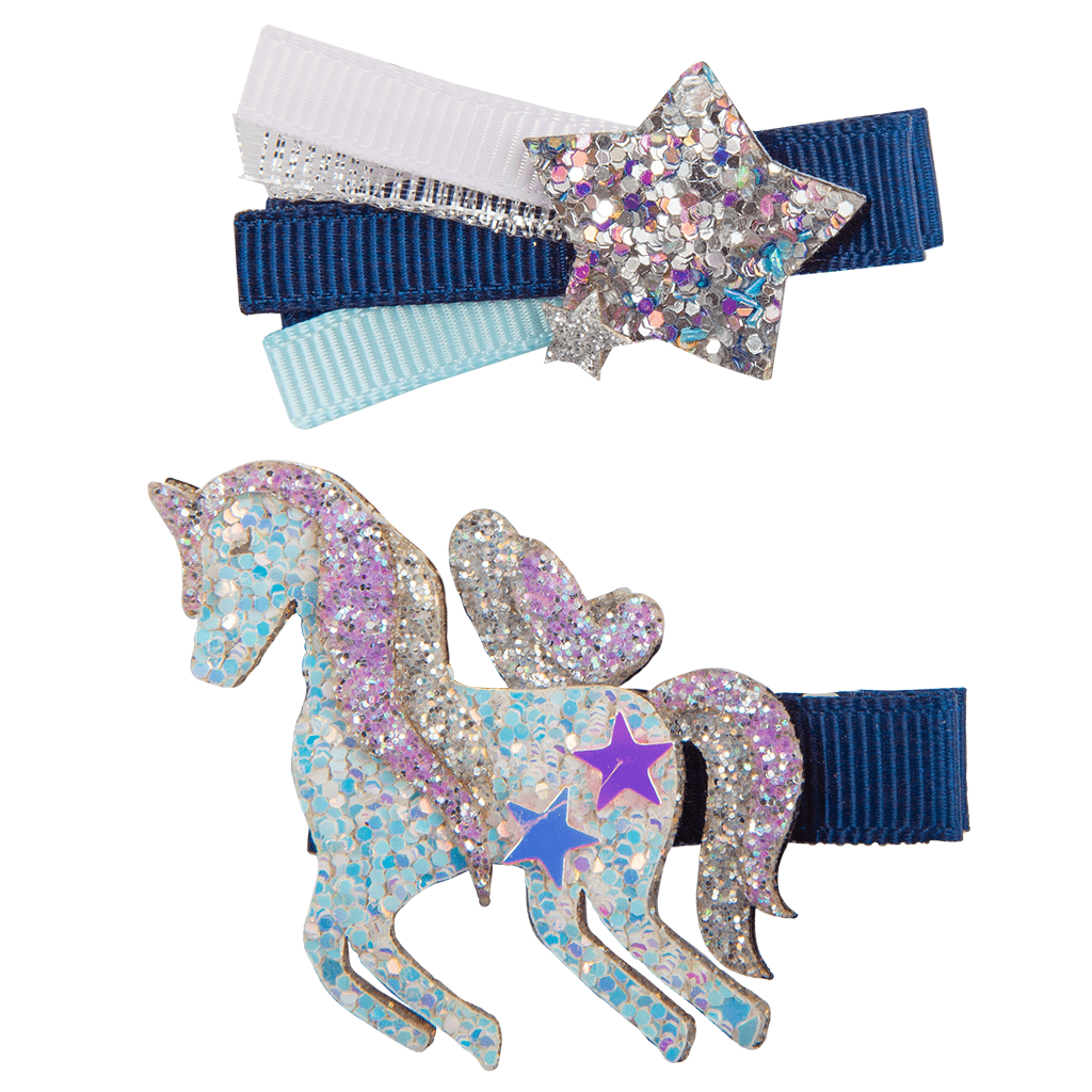 Navy unicorn and star hair clips. 