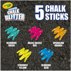 Front view of a poster showing the 5 different colors gleaming green, dazzle dazzle red, sparkling orange, stardust yellow, and blinging blue of Crayon Glitter Sidewalk Chalk.