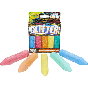 Front view of Crayon Glitter Sidewalk Chalk with 5 sticks laying in front of the box.