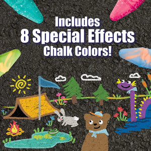 Front view of a poster showing drawings done in the Crayola 64 count Ultimate Sidewalk Chalk showing the special effect colors in the drawings.