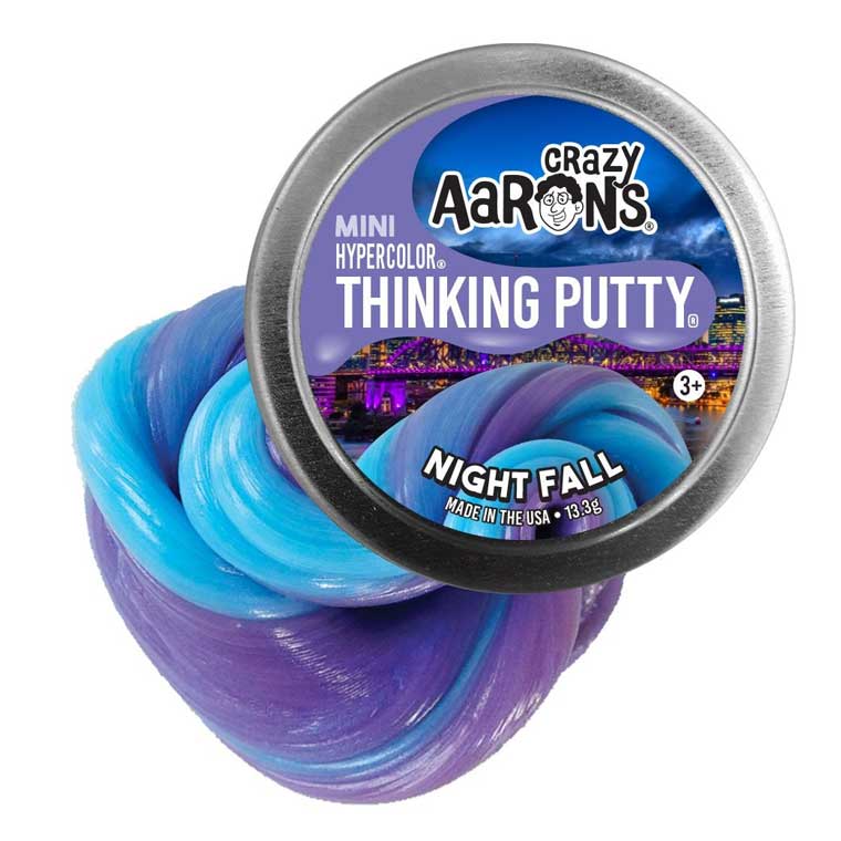 Front view of Crazy Aaron&#39;s Nightfall thinking putty in its tin.