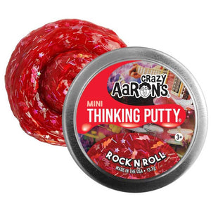 Front view of Crazy Aaron's Rock N Roll putty in packaging and outside to show the sparkle and lightning bolts in putty.